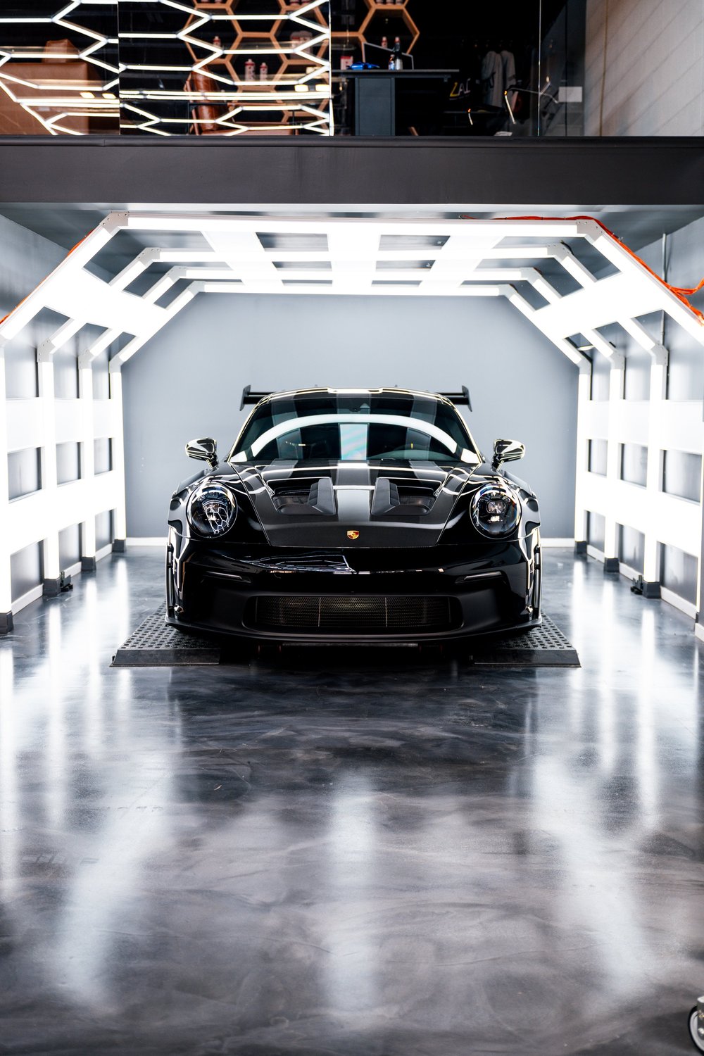 Porsche GT3 RS curing in the light tunnel after full Gtechniq ceramic coating