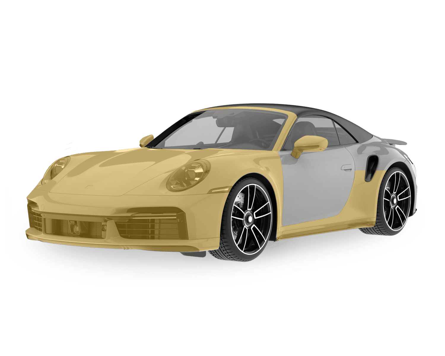 Porsche 911 Turbo with front end, rockers and rear quarters highlighted showing Track Package PPF coverage