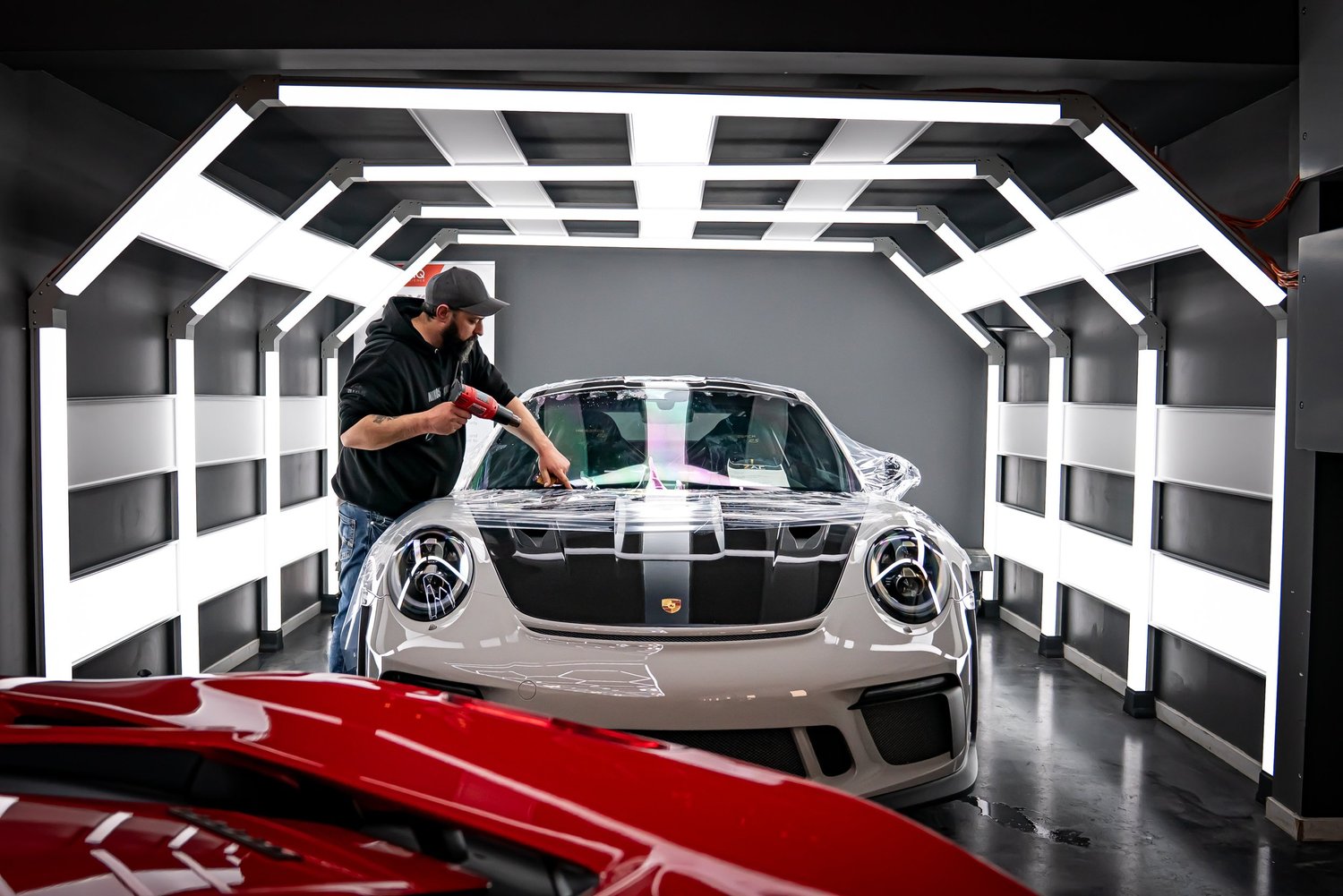 ZAutoCare installing XPEL windshield protection film on a Porsche GT3 RS in Waterloo