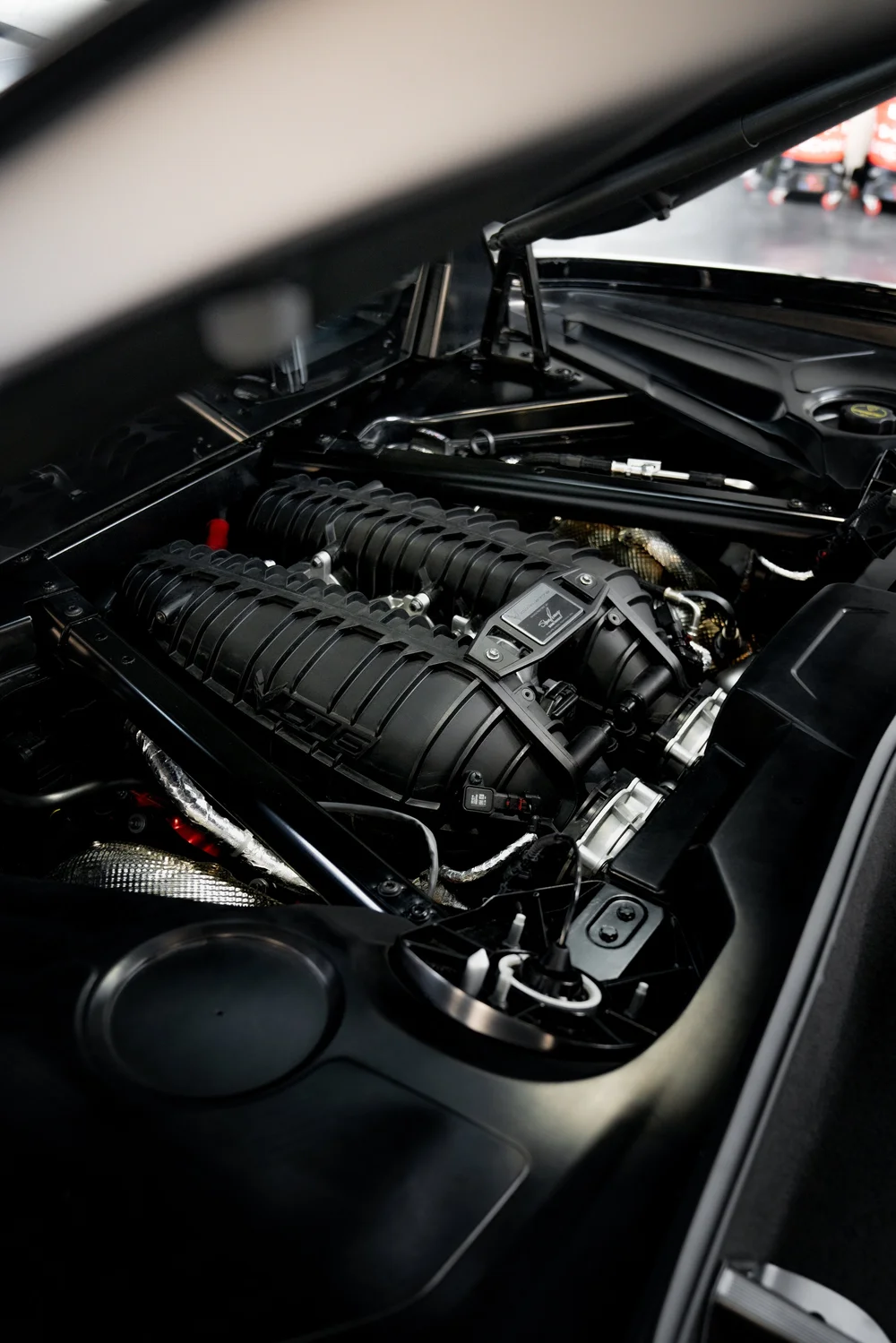Detailed engine bay of a C8 Corvette Z06