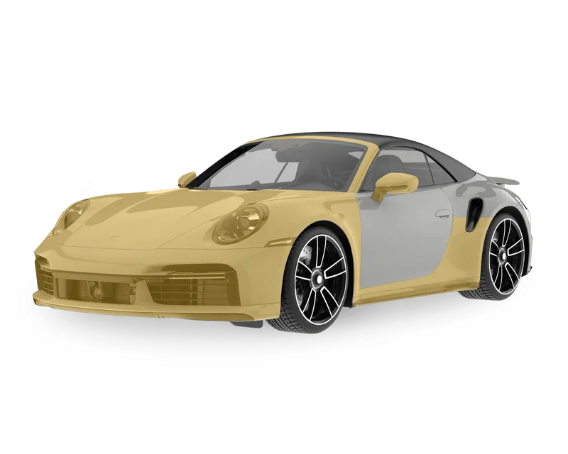 Porsche 911 Turbo with front end, rockers and rear quarters highlighted showing Track Package PPF coverage